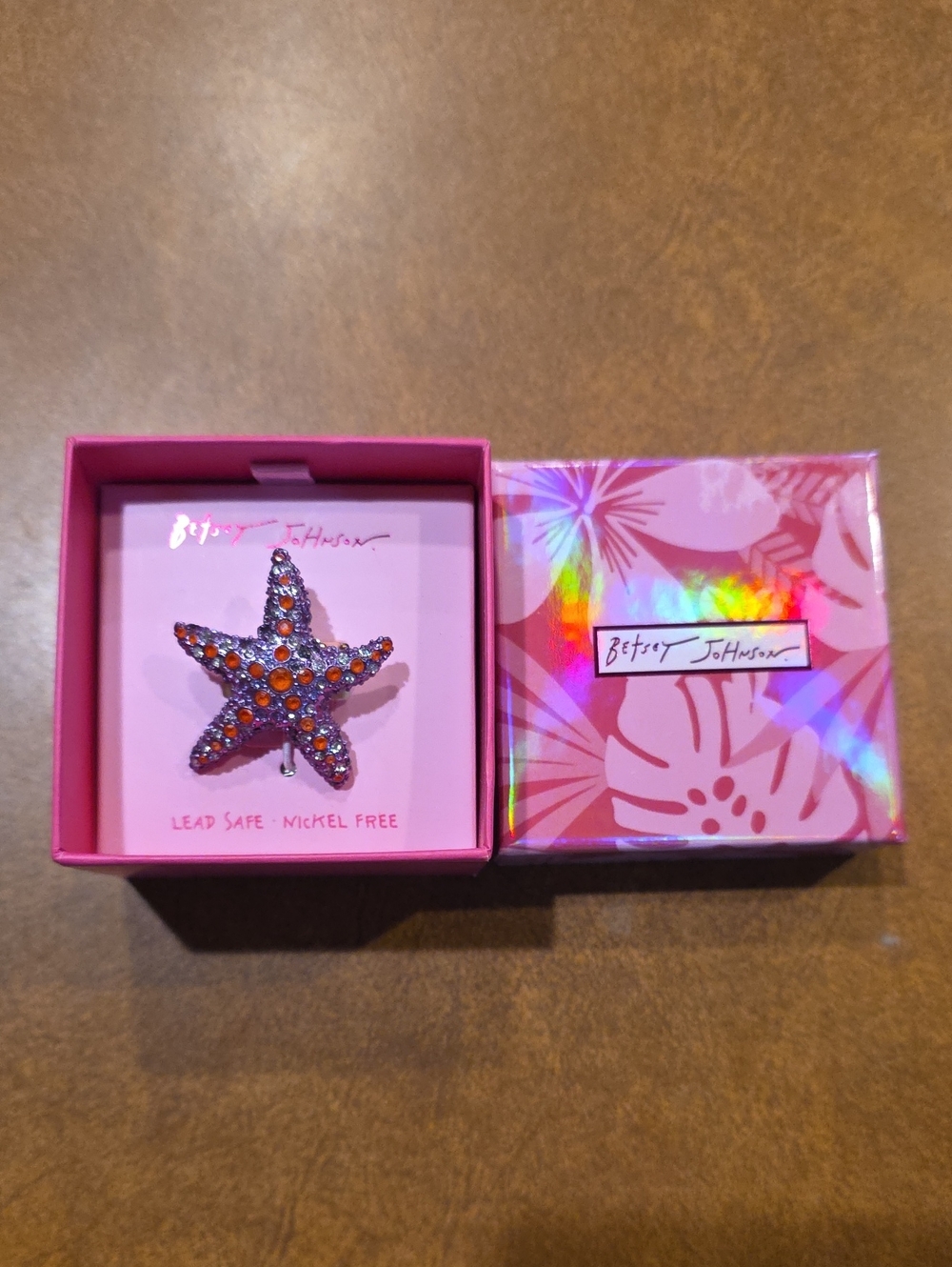 Betsey Johnson Pink and Orange Crystal Starfish Pin